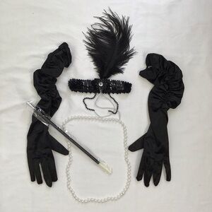 Elegant Black Satin Gloves with Feather Detail
